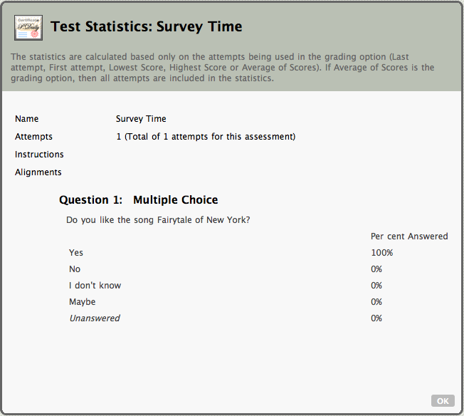 Screenshot of Survey Results in Blackboard 9.1.