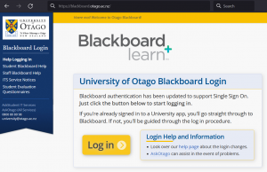 Screenshot of the new Blackboard login page with a large 'Log in' button and no username or password fields.