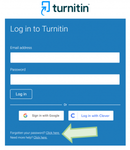 Screenshot of the turnitin.com login page, with the 'Forgotten your password? Click here' link indicated.